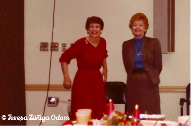 Luddy at one of our office Christmas luncheons. Here she is with another co-worker, Bettye.