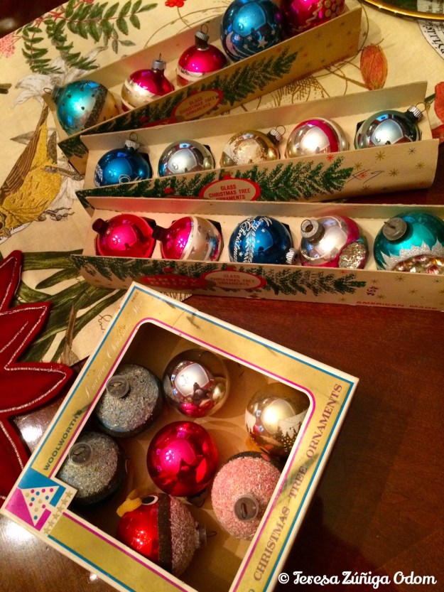 Ornaments from my mother in their original boxes - I like to decorate with these each year by simply placing them in crystal/glass bowls.
