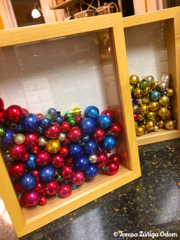 Small ornaments that my mother (first shadow box) used on her hutch each year and ornaments that my aunt and grandmother (second box) used in their Christmas decorating.