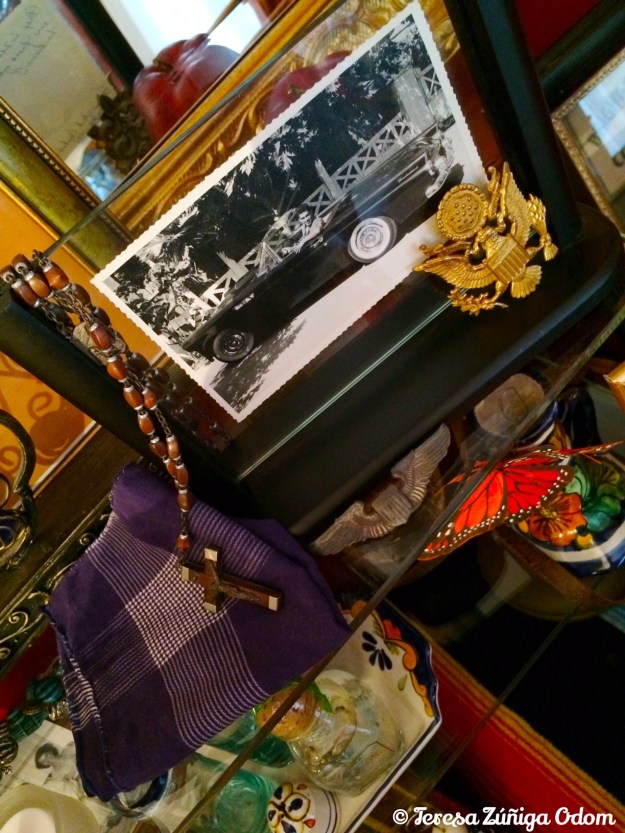 My dad, Praxedis Sotelo Zuniga, in his T-bird.  Photo taken in Bangkok, Thailand.  His handkerchief, rosary and Air Force pin.