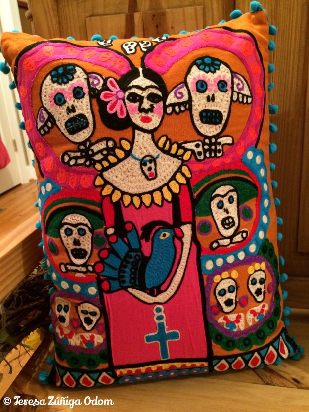 First DOD pillow purchase from Earthbound Trading Company at Brookwood Mall. Frida Kahlo surrounded by sugar skulls.
