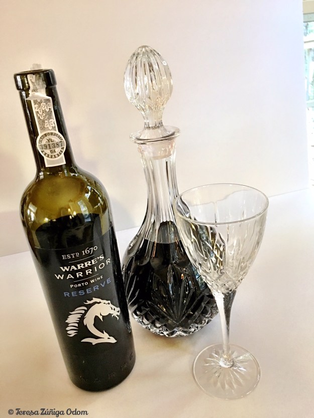 My thrift store decanter and glass with a special bottle of port I had been saving for a special time.